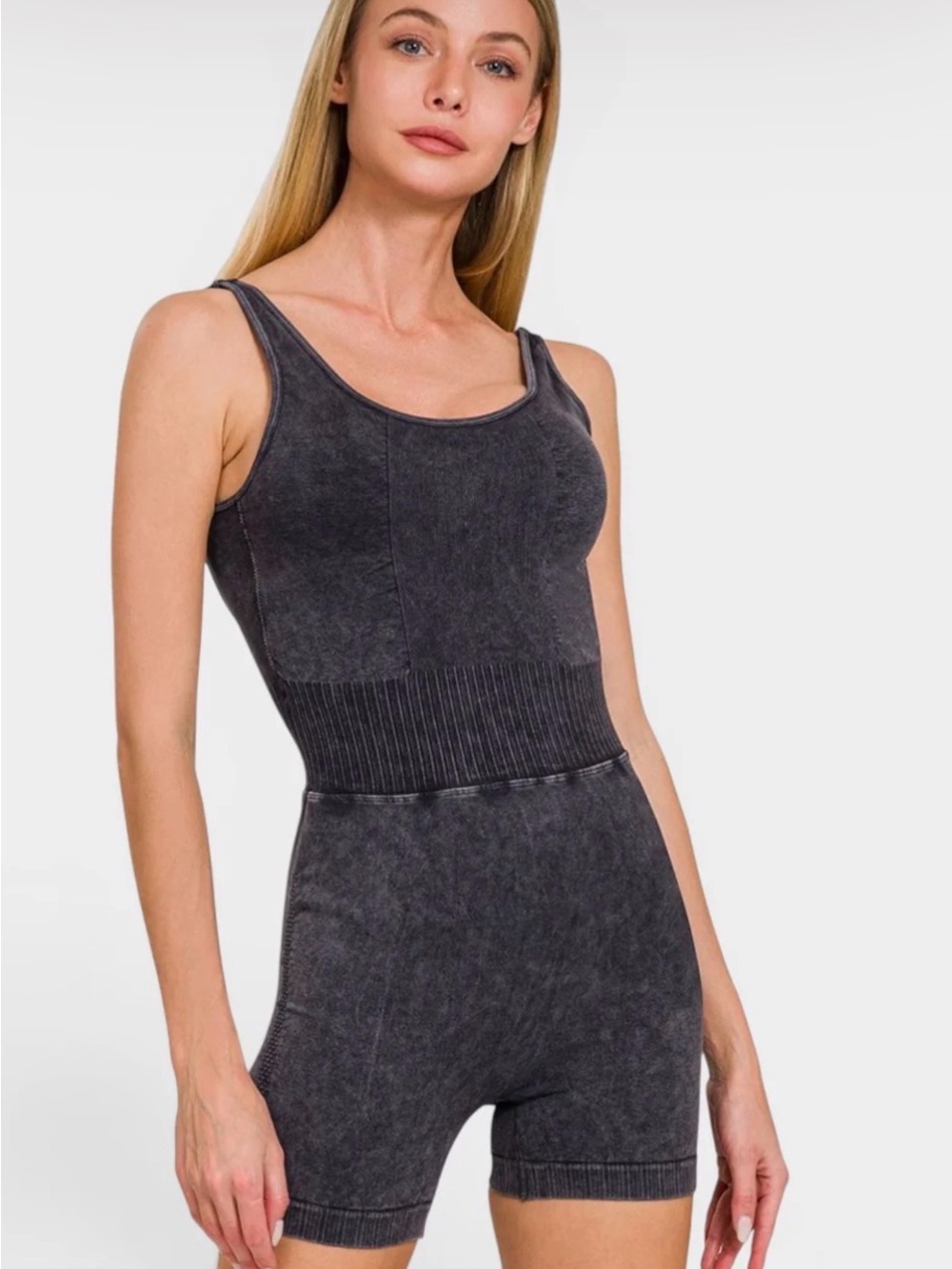 Zenana Outfitters Washed Black Ribbed Waist Tank Romper